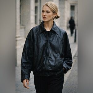 Vintage 90s Global Identity Black Leather Jacket Women’s S Oversized Minimalist